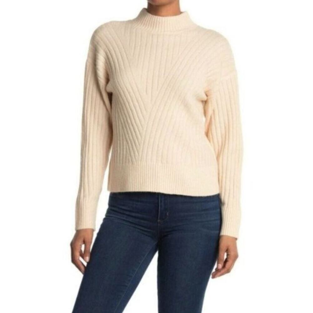 Sophie Rue Women's Mock Neck Chevron Ribbed Sweater in Oatmeal Medium‎ MSRP $48
